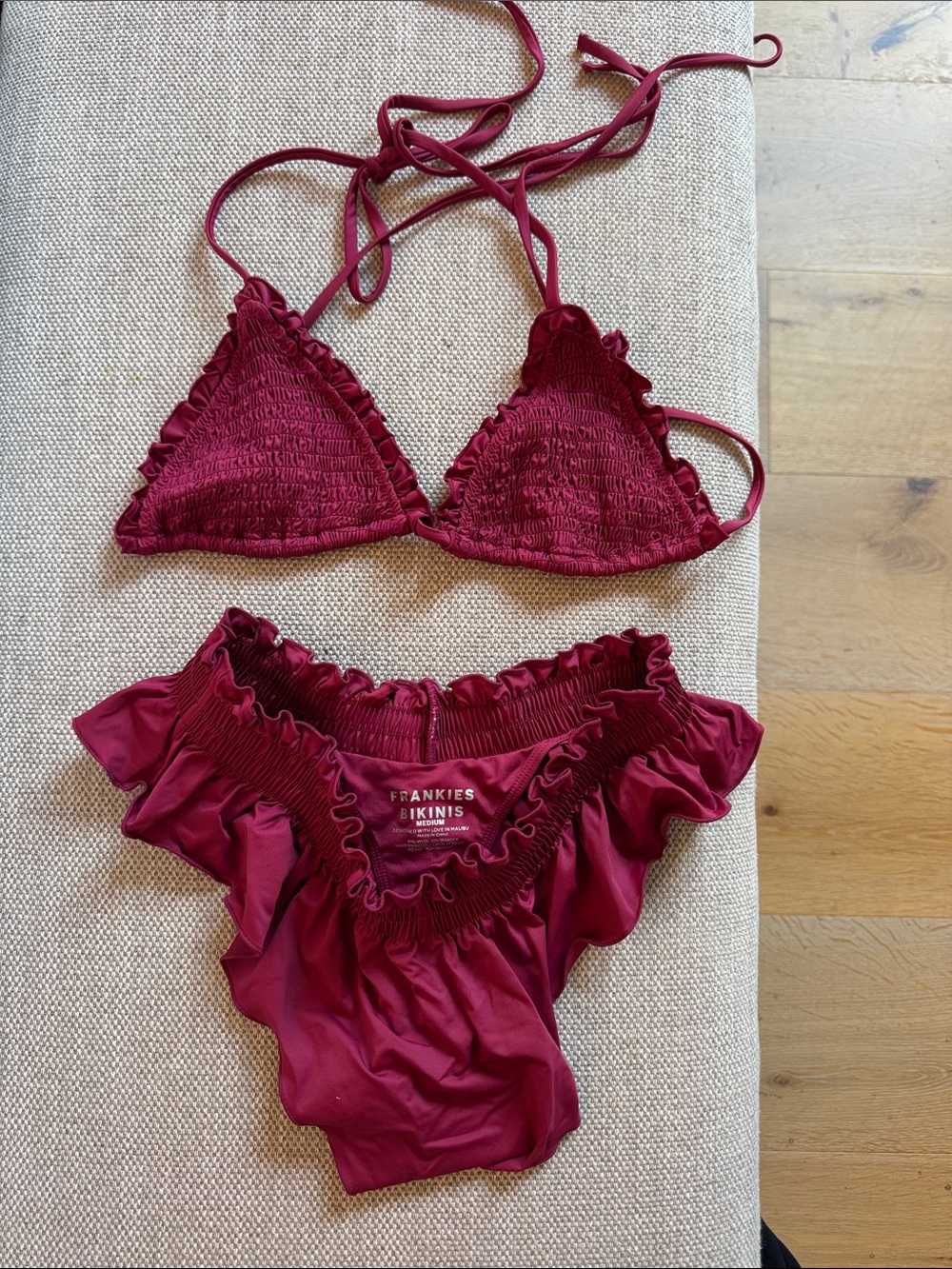 Frankie's Bikinis Ruffled Smocked Triangle Bikini in Berry